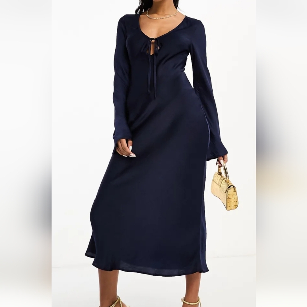 Asos Navy Blue Tie Front Midi Dress